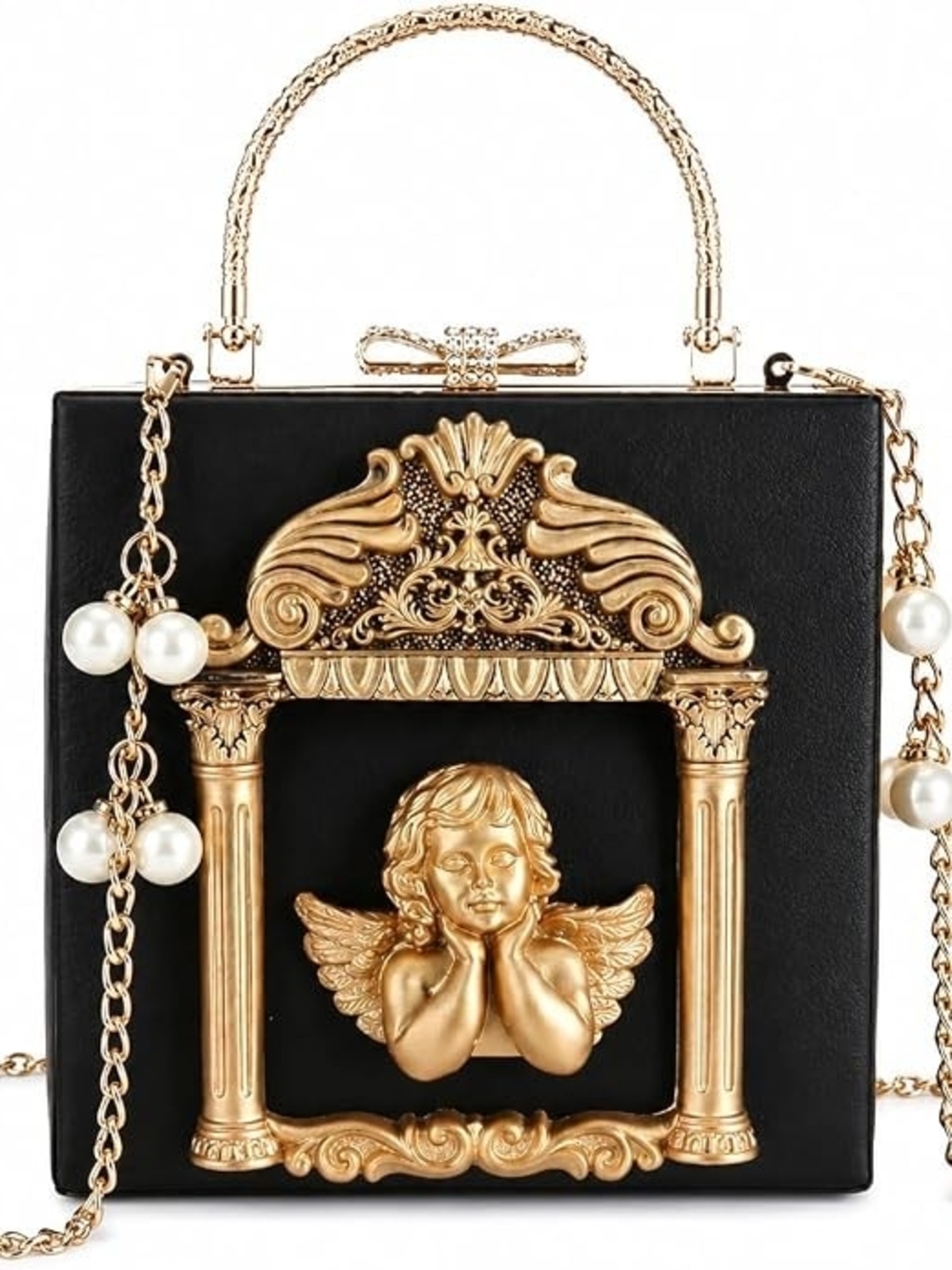 Gothic Romance Black & Gold Framed Angel Box Purse